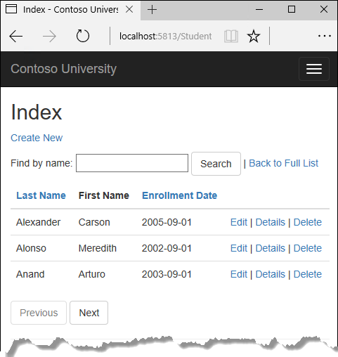 Students index page showing dates without times