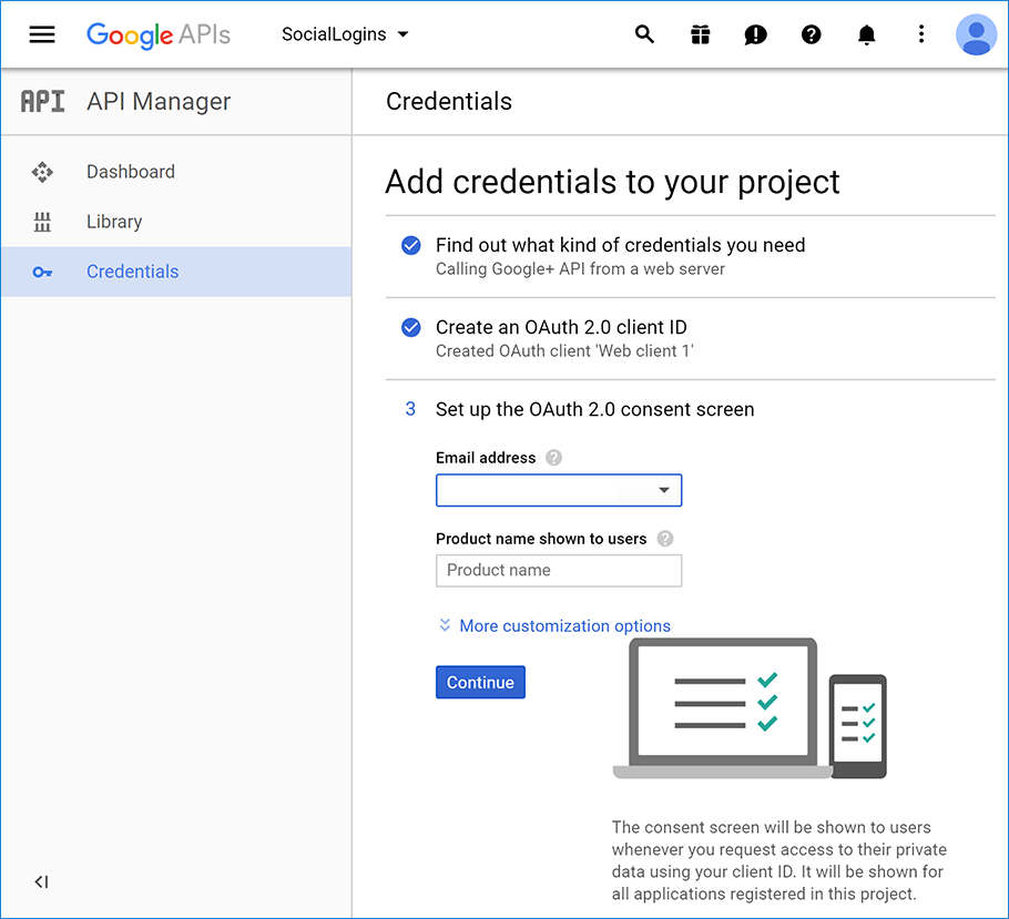 API Manager Credentials page: Set up the OAuth 2.0 consent screen