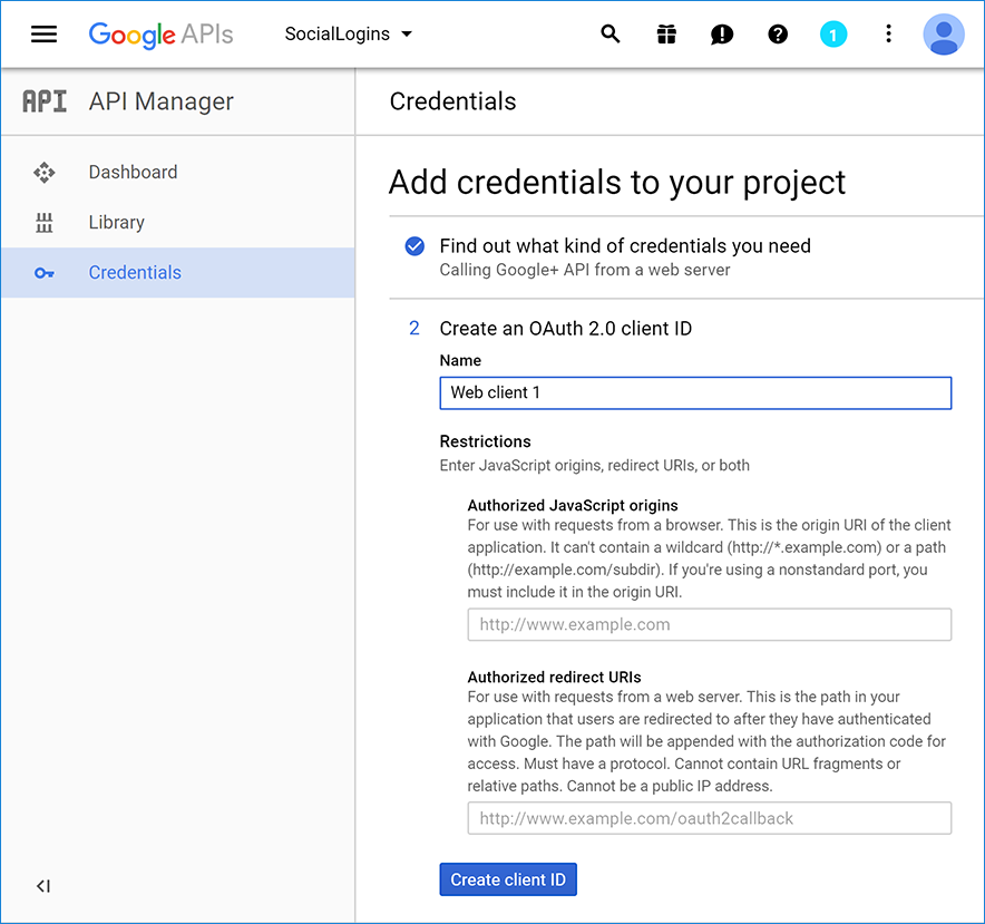 API Manager Credentials page: Create an OAuth 2.0 client ID