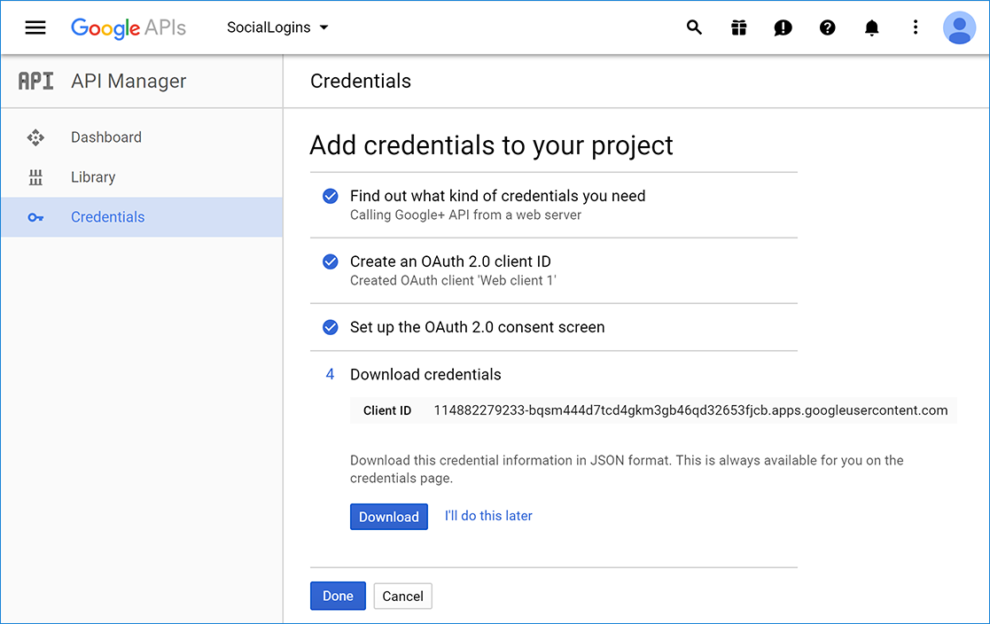 API Manager Credentials page: Download credentials