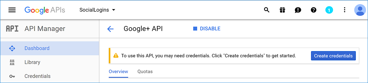 API Manager Google+API page