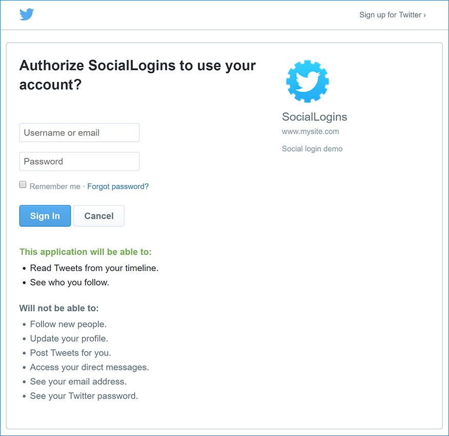 Twitter authentication page