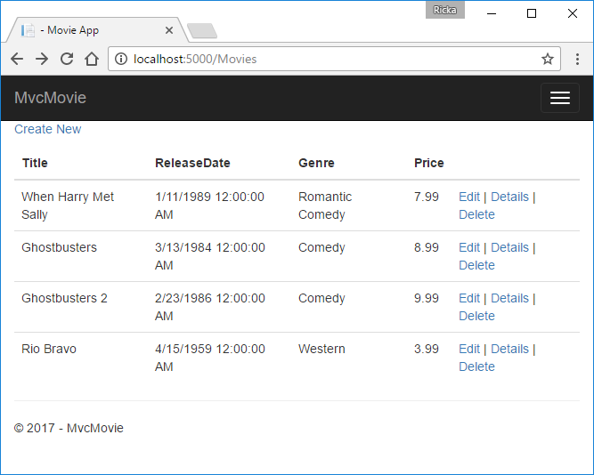 MVC Movie application open in Microsoft Edge showing movie data